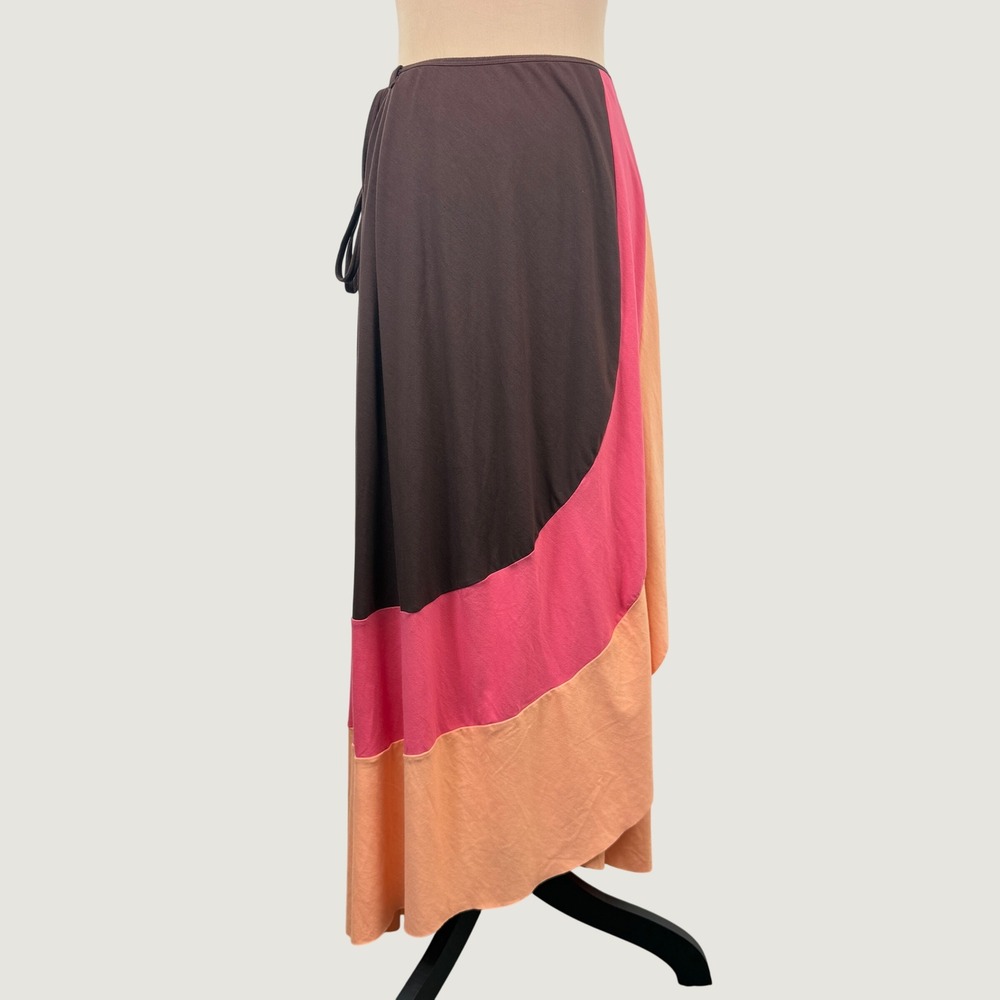 Bebe Colorblock Wrap Maxi Skirt Womens Medium Brown Pink Orange Boho Retro